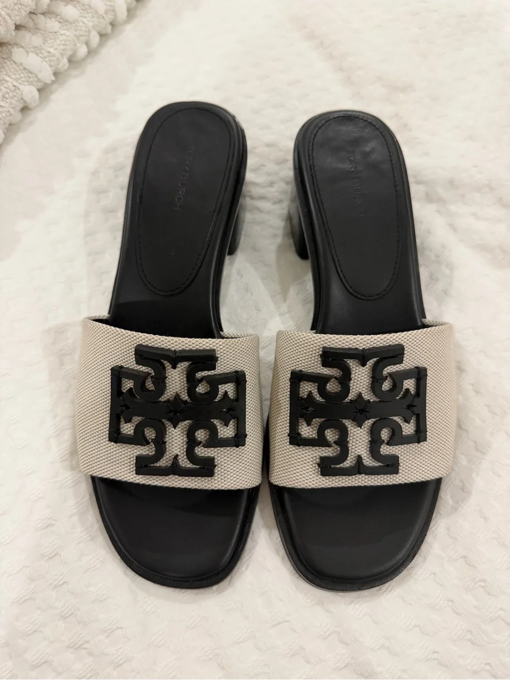 Tory Burch Black & Ivory Logo Slide Mules